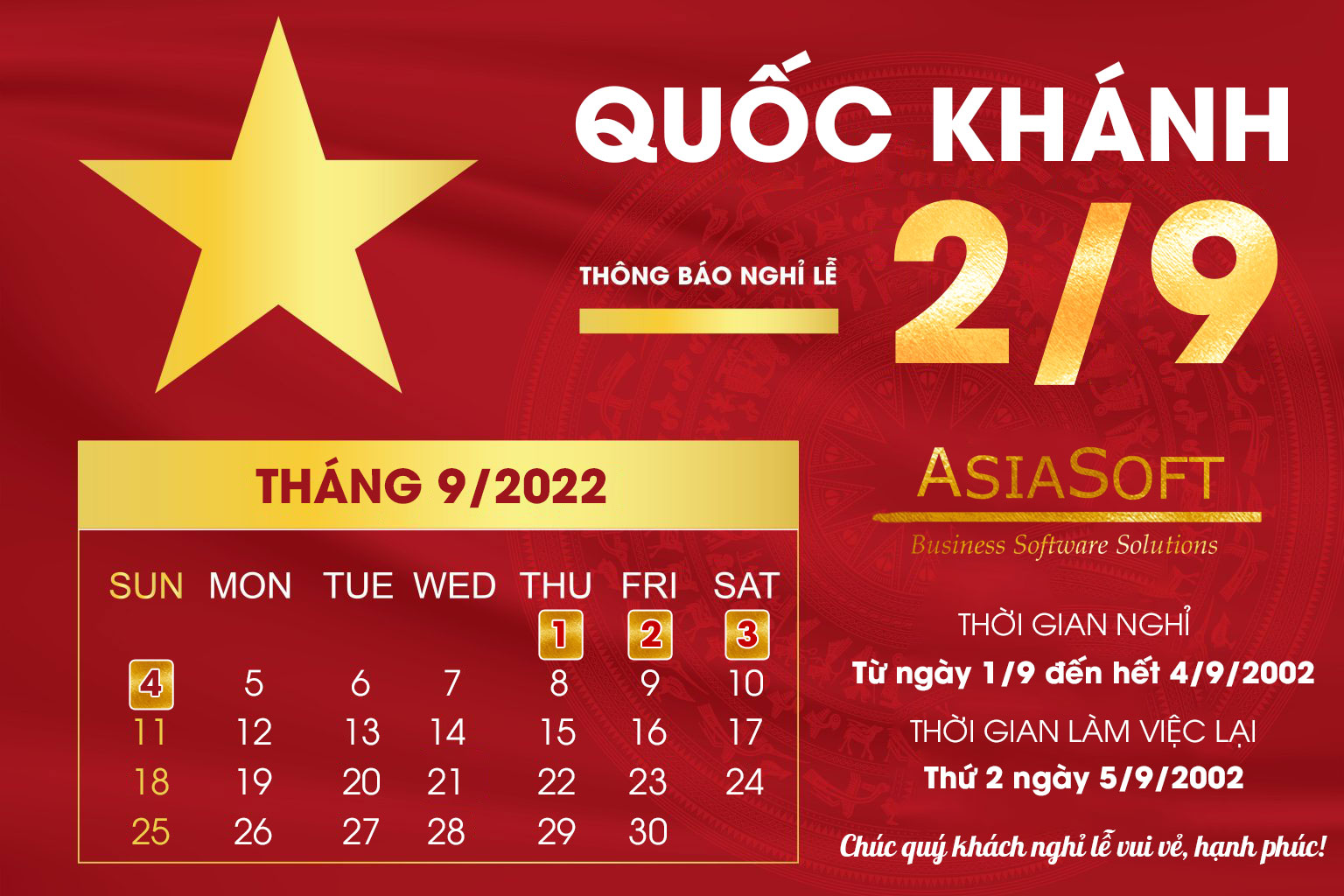 THÔNG BÁO NGHỈ LỄ QUỐC THÁNG 2/9/2022